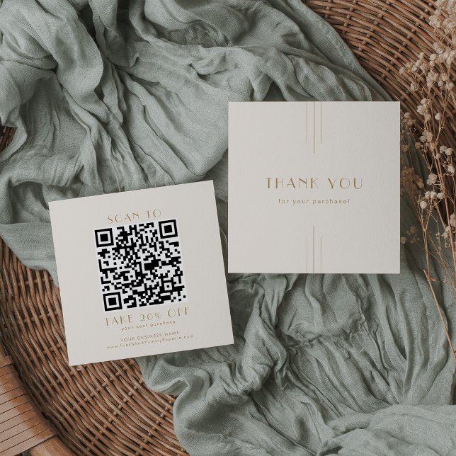 Réduction Carte de remerciement QR Code Entreprise Crème et  (EVERLY Cream and Gold Business QR Code Thank You Discount Card)