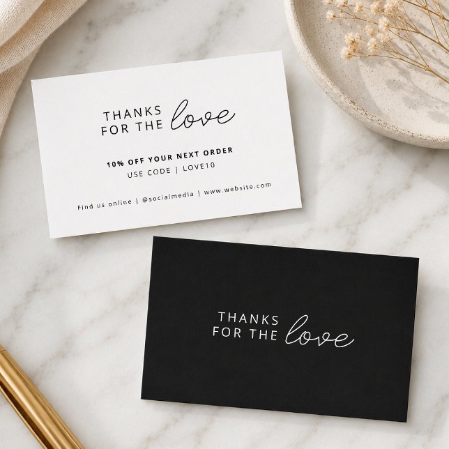 Réduction Carte de Remise | Code Promo Merci Noir Inséré (Black thank you discount card for coupon codes, brand packaging, and reorder offers.)