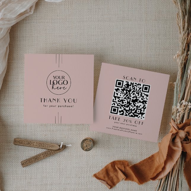 Réduction EVERLY Carte de remerciement avec code QR Logo Ros (EVERLY Art Deco Blush Pink Logo QR Code Thank You Discount Card)