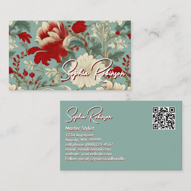 Réduction Rouge, crème, Carte de visite floral vert pâle (Devant / Derrière)
