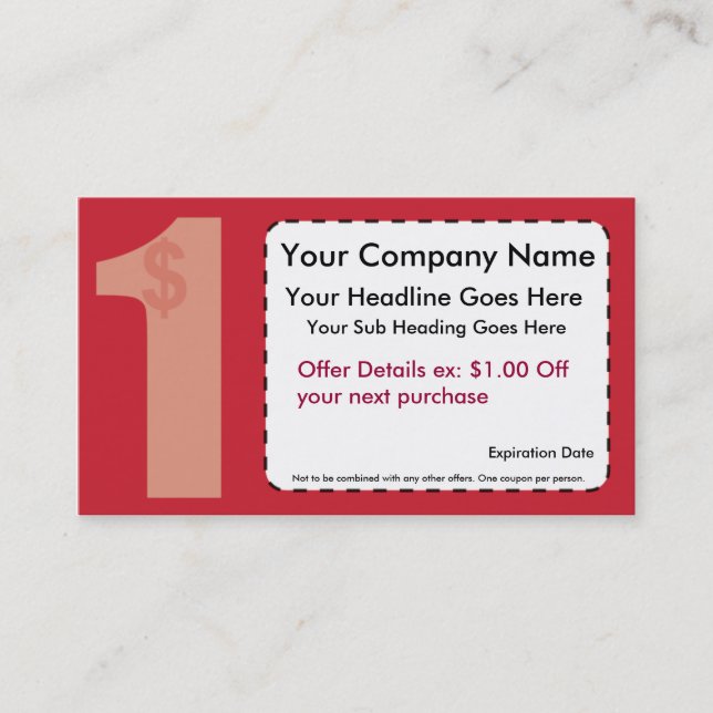Réduction Un dollar outre de carte de bon (Devant)