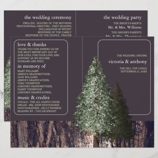 Redwoods & Bark, Programme de mariage rustique (Devant / Derrière)