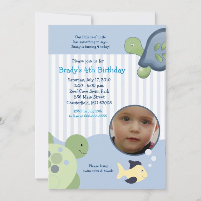 REEF TURTLE Photo 5x7 Custom Birthday Invitation (Devant)