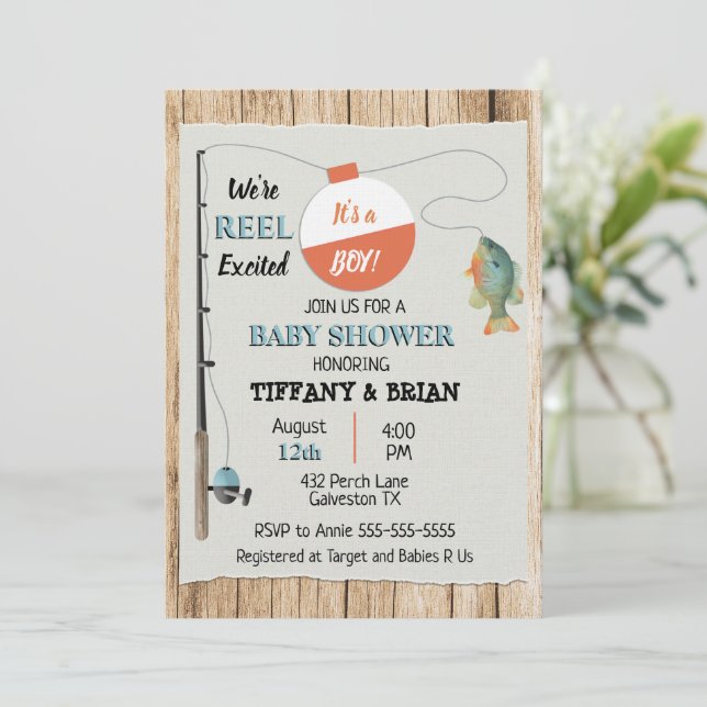 Reel Excité Fishing Boy Baby shower Invitation (Debout devant)