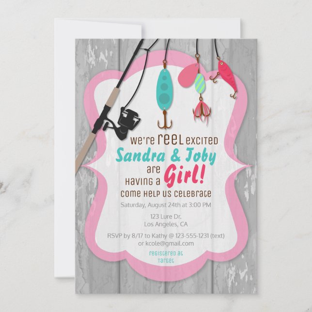 Reel Excité Pêche Baby shower rose Invitation (Devant)