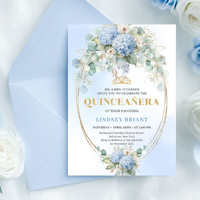 Refined Blue Flowers Gold Quinceañera Invitation (Refined Blue Flowers Gold Quinceañera Invitation)