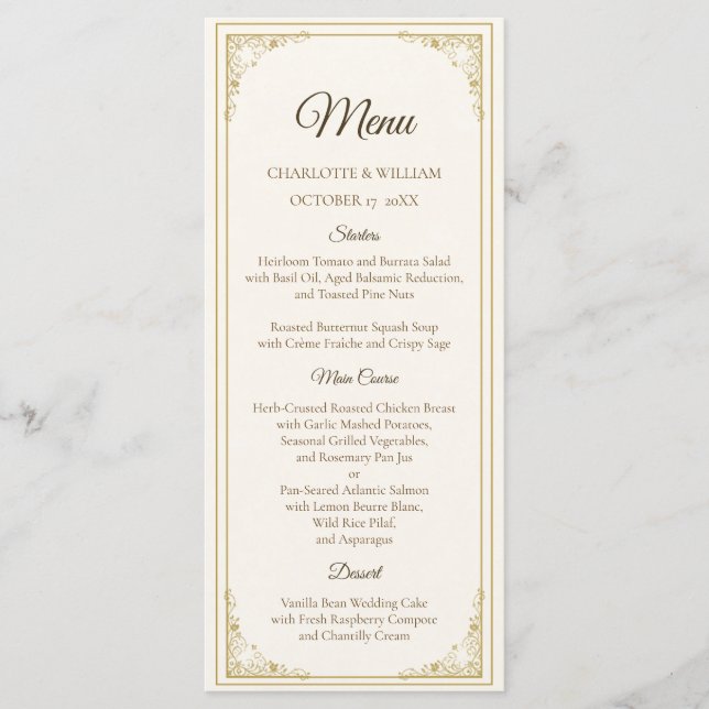 Refined Gold Frame Wedding Menu Card (Devant)
