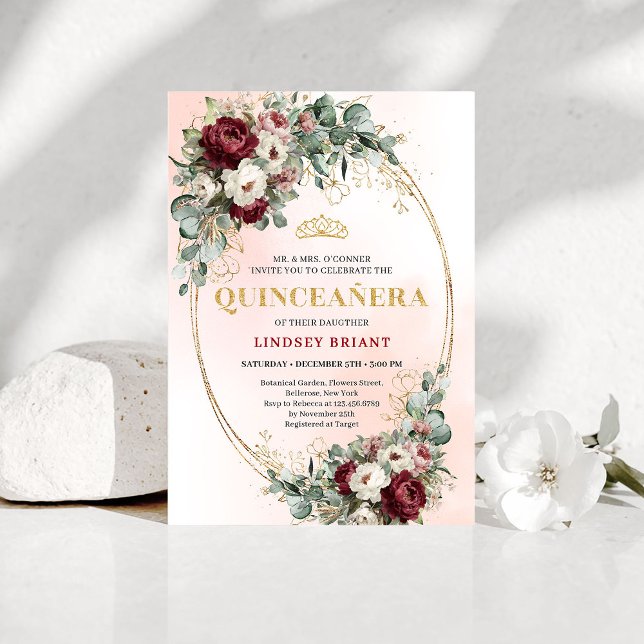 Refined Marsala Floral Gold Quinceañera Invitation (Refined Marsala Floral Gold Quinceañera Invitation)