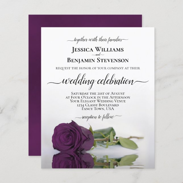 Reflet Plum violet Rose BUDGET Mariage Invitation (Devant / Derrière)