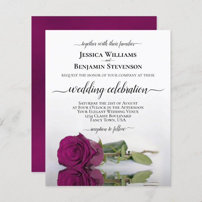 Refléter Magenta Rose BUDGET Invitation de mariage (Devant / Derrière)