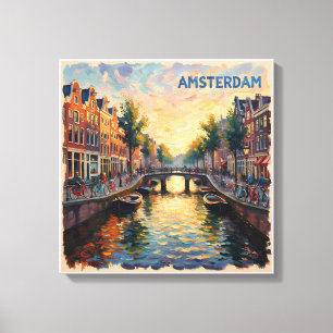 Reflets des canaux dorés d'Amsterdam sur toile