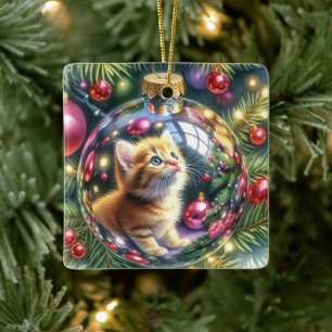 Réflexion de Kitten dans un ornement de Noël