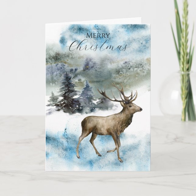 Regal Deer dans un bois neigeux Carte de Noël (Devant)