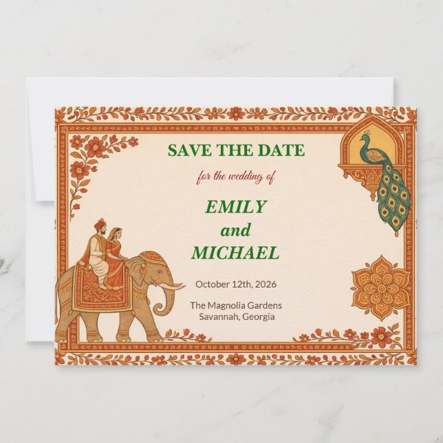 Regal Indian Elephant Gold & Saffron Save the Date (Devant)