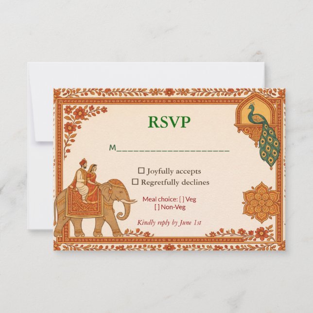 Regal Indian Floral Peacock RSVP Card (Devant)