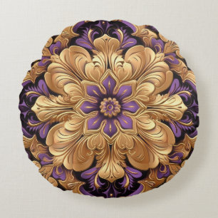 Regal violet et or Floral Coussin rond