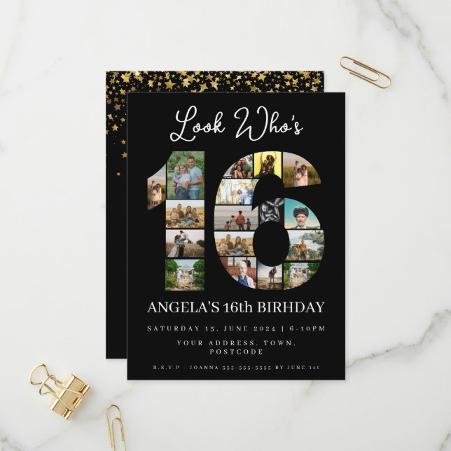 regardez qui a 16 ans invitation photo d'anniversa (Devant/Arrière en situation)