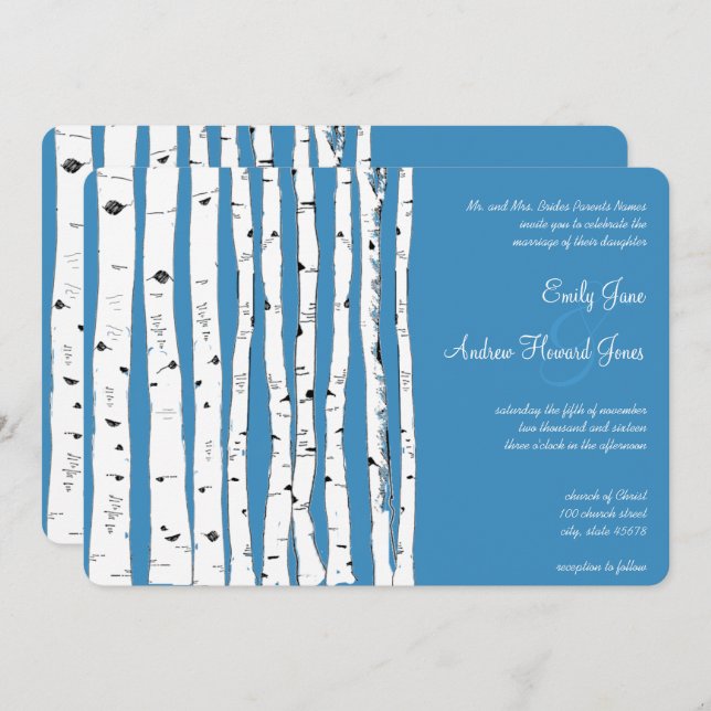 Regatta Blue Birch Tree Wedding Invitations (Devant / Derrière)