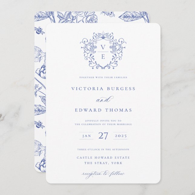 Regency Blue Crest Monogramme Invitation (Devant / Derrière)