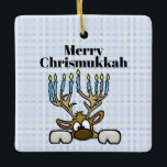 Reindeer Avec Menorah Antlers Chrismukkah Ornement<br><div class="desc">Ce ornement présente mon renne juif dont les bois sont une Menorah. Le texte de cet ornement est personnalisable pour vous ou votre destinataire. Conçu par Sheila Cicchi, Brownielocks.com. Tous droits réservés. REMARQUE : En raison du style de conception, cela ne peut être acheté que sur des ornements CARRÉS seulement....</div>