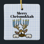 Reindeer Avec Menorah Antlers Chrismukkah Ornement<br><div class="desc">Ce ornement présente mon renne juif dont les bois sont une Menorah. Le texte de cet ornement est personnalisable pour vous ou votre destinataire. Conçu par Sheila Cicchi, Brownielocks.com. Tous droits réservés. REMARQUE : En raison du style de conception, cela ne peut être acheté que sur des ornements CARRÉS seulement....</div>