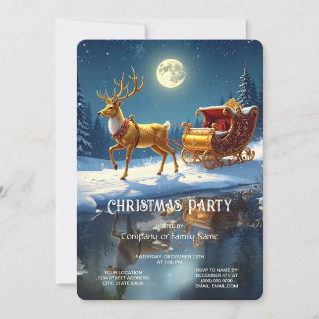Reindeer Christmas Sleigh Holiday Party Invitation (Devant)