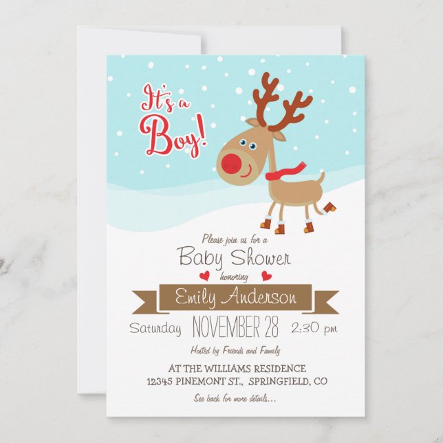 Reindeer de Noël, Baby shower garçon Invitation (Devant)