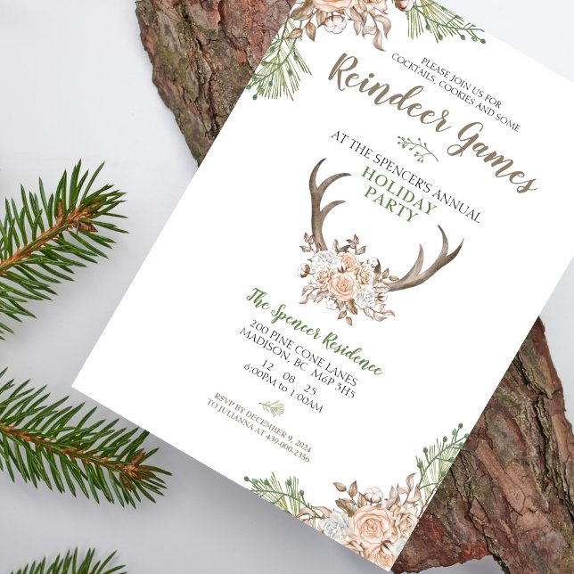 Reindeer Games Fête Invitation (Add a touch of pink and rustic charm with this Cocktails, Cookies and Reindeer Games Holiday Invite)
