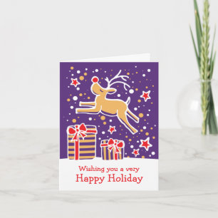 Reindeer prêtant des cadeaux de Noël violet carte