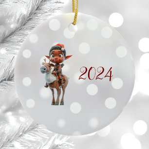 Reindeer Rider Noël Elf Ornement en céramique