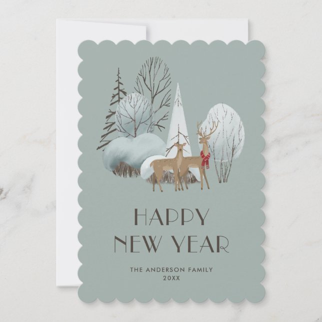 Reindeer Snowy Forest Bonne Carte de Nouvel An (Devant)