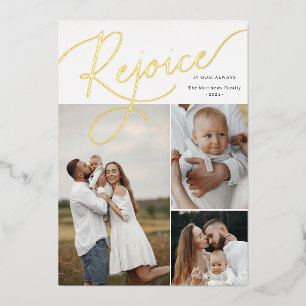 Rejoice Script Photo Collage Foil Carte de Noël