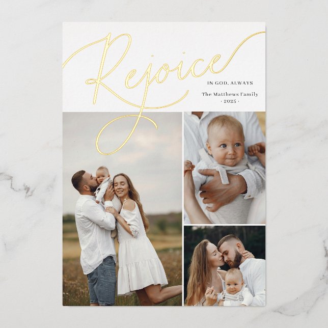 Rejoice Script Photo Collage Foil Carte de Noël (Recto)