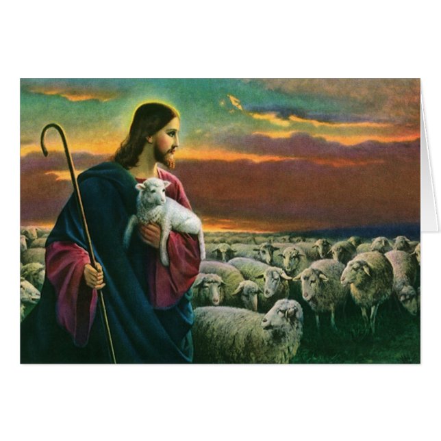 Religion vintage, Christ Bon Pasteur avec troupeau (Devant horizontal)