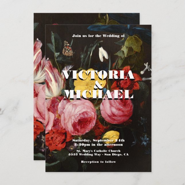 Rembrandt Floral Dark & Moody Faire-part de mariag (Devant / Derrière)