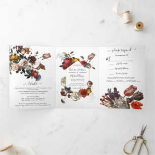 Rembrandt Floral Photo Mariage Tri-Fold Invitation