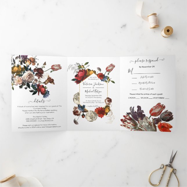 Rembrandt Floral Photo Mariage Tri-Fold Invitation (Intérieur)