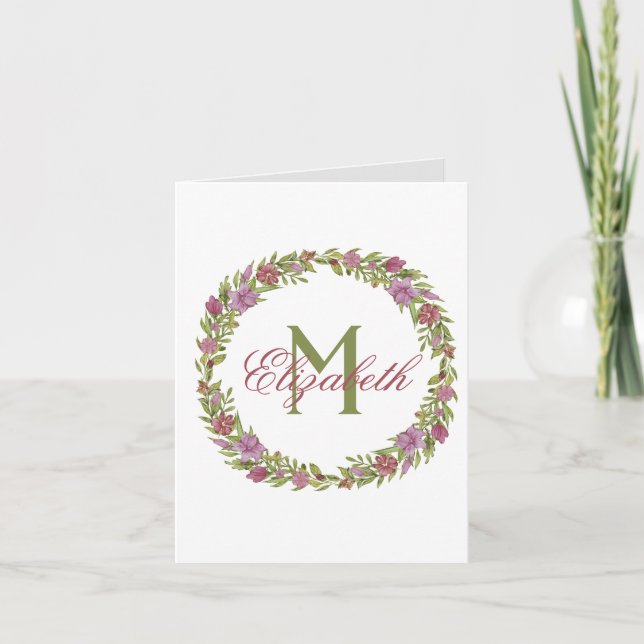Remerciement avec monogramme rose vert floral Nom  (Devant)