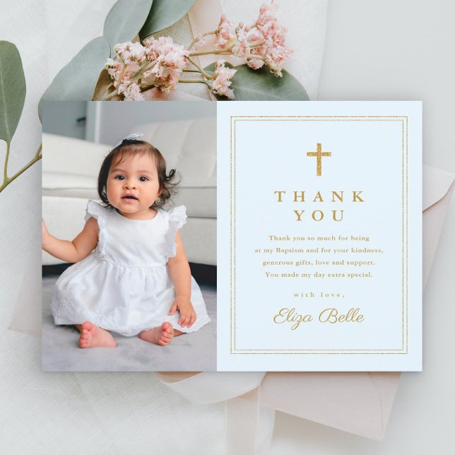 Remerciement de baptême photo croix dorée élégant  (Simple boys budget photo baptism thank you card with gold cross.)