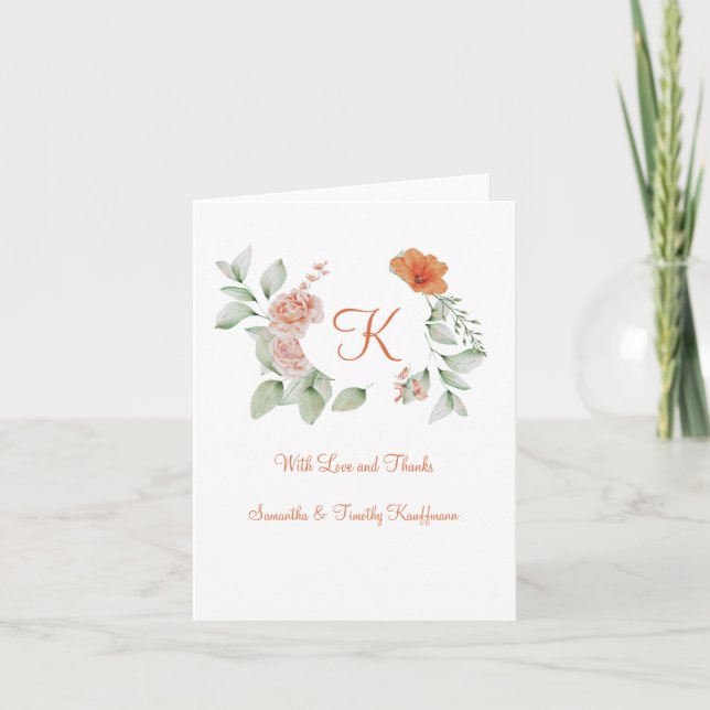 Remerciement de mariage floral vert pêche Monogram (Devant)