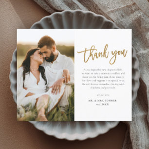 Remerciement de mariage photo avec écriture dorée 