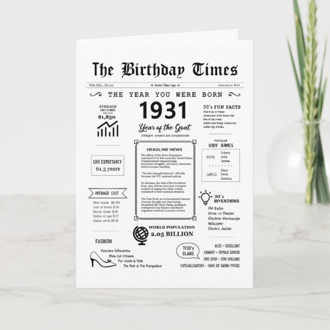 Remerciements 1931 L'Année De Votre Naissance Carte D'Anniversai (Devant)