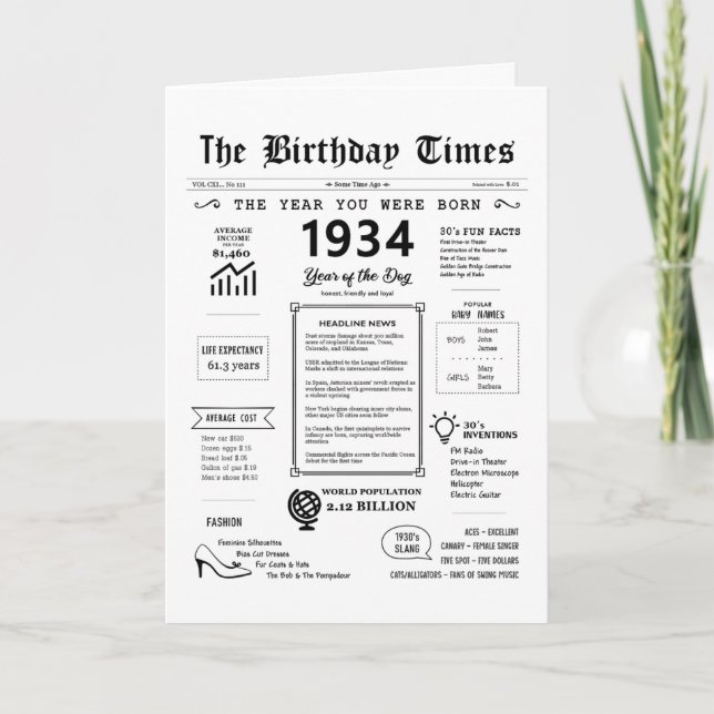 Remerciements 1934 L'Année De Votre Naissance Carte D'Anniversai (Devant)