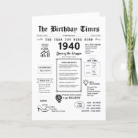 1940 L'Année De Votre Naissance Carte D'Anniversai