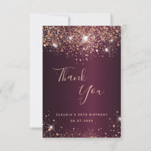 Remerciements Anniversaire Bourgogne rose nom or carte de remerc
