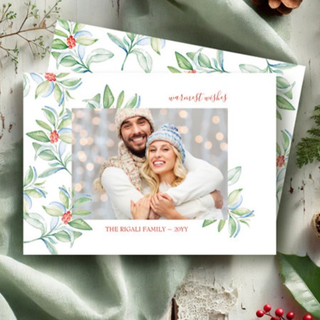 Remerciements Aquarelle Noël Carte photo de verdure (Photo Christmas cards watercolor red and green botanical art by Victoria Grigaliunas VG Invites)