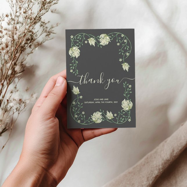 Remerciements Art Nouveau joli cadre mariage carte de remercieme (Elegant Art Nouveau botanical frame wedding thank you card features thank you script and photo.)