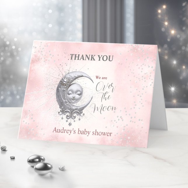 Remerciements Au-Dessus De La Lune Rose Girl Baby shower Carte d (Over The Moon Pink Girl Baby Shower Thank You Card)