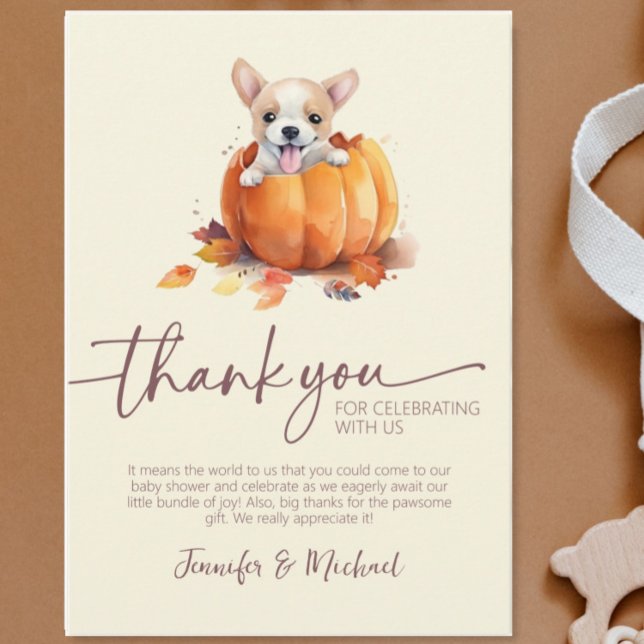 Remerciements Baby shower d'automne Citrouille plat Carte de rem (Cute Fall Baby Shower Little Pumpkin Puppy Flat Thank You Card)
