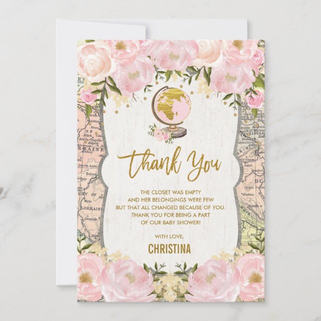 Remerciements Baby shower floral de carte de voyage d'or rose (Devant)